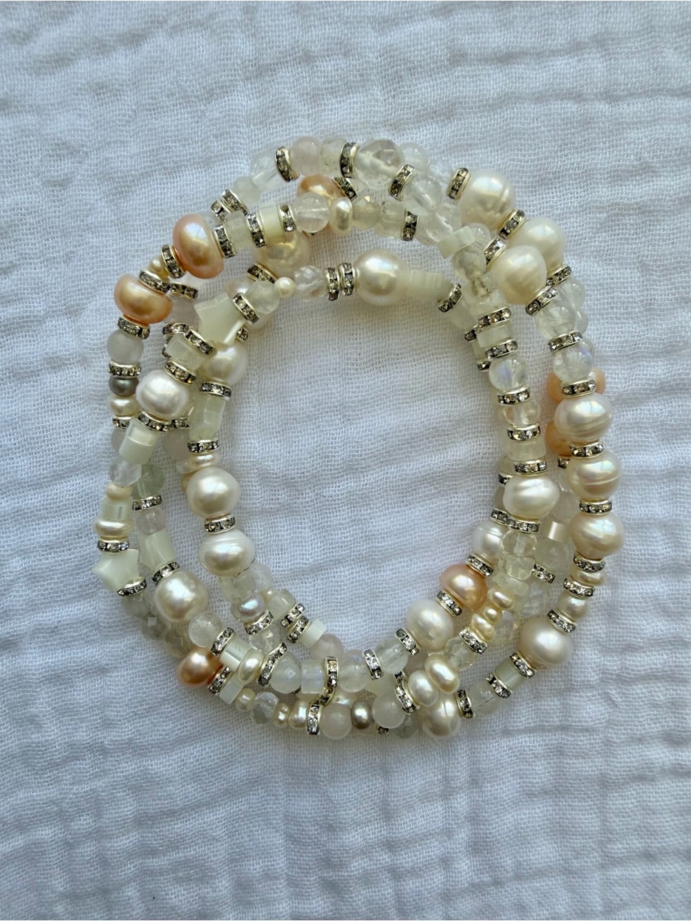 Pearl and Moonstone Crystal and CZ diamonte Wrap Bracelet - Ivory and Champagne